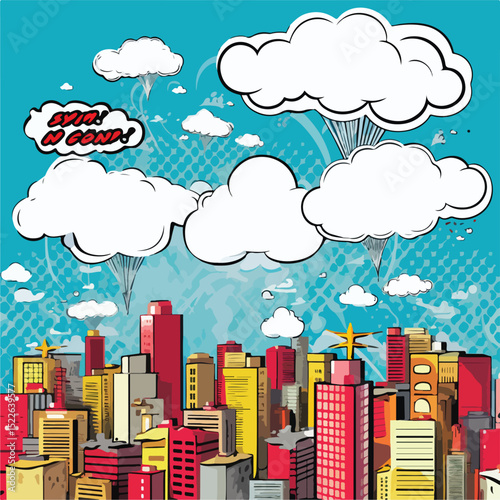 Professional Comic Illustration with Speech Bubble and Cityscape for Creative Projects