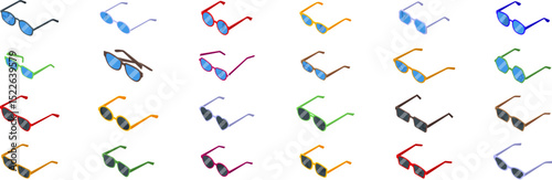 Broken glasses icons set. Sunglasses collection with various frame colors and shapes providing uv protection during sunny days
