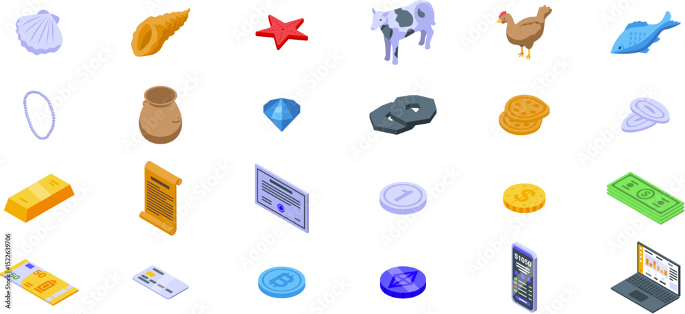 Evolution money icons set. Various bartering items, from traditional goods to modern currencies, showcasing the evolution of trade and exchange across time