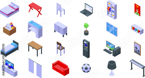 Teenager room icons set. Kids bedroom furniture illustrated as isometric icons, featuring a bed, table, chair, computer, wardrobe, toy box, and various decorative elements