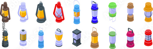Camp lantern icons set. Collection of various colorful vintage lanterns