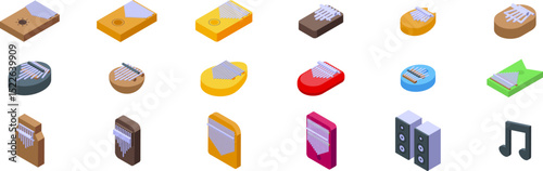 Kalimba icons set. Colorful isometric kalimba icons represent the musical instrument in various forms, alongside sound equipment, symbolizing music and sound production