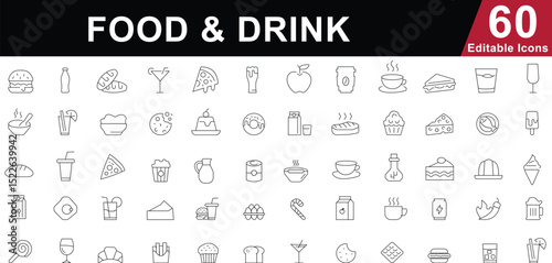 Food and Drink Line Icons Set. Restaurant, Cafe, Beverages and Meal Symbols. Editable vector line icons
