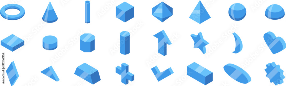 custom made wallpaper toronto digitalGlass figure icons set. Collection of blue isometric 3d shapes, including cubes, spheres, pyramids, cylinders, and abstract forms, useful for design, infographics, or educational projects