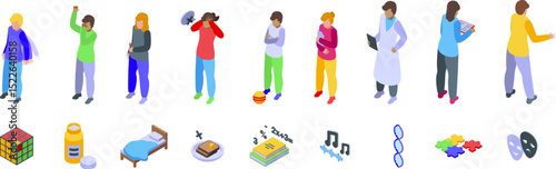 Autism symptoms icons set. Doctors examining young patients showing symptoms of dyslexia, with related items like pills, books, and puzzles