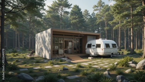 Modern Cabin Surrounded by Lush Forest with Camping Trailer in a Tranquil Natural Setting