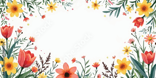 Watercolor floral frame with tulips, daffodils, and daisies in soft, blended colors surrounding a blank central space.
