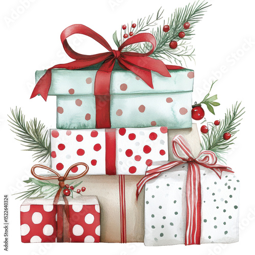 Wrapped Gifts: A stack of elegantly wrapped presents adorned with red bows, set against a backdrop of festive greenery and festive ornaments, symbolizing joy, giving, and the spirit of celebration.