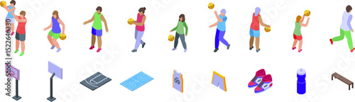 Family play basketball icons set. Basketball players practicing, playing, and related sport items in isometric view