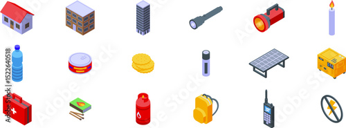 Blackout icons set. Collection of isometric icons representing essential items for emergency preparedness, ensuring survival and safety during crises