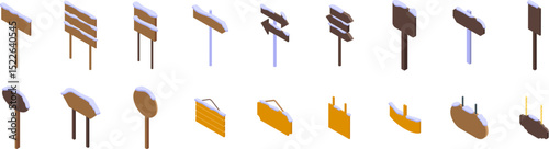 Wood signboard snow icons set. Set of various wooden signposts covered with snow, offering diverse directional cues