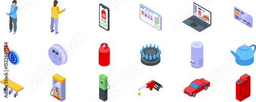 Smart gas app icons set. Isometric set of icons representing different aspects of natural gas usage, from payment methods to appliances and storage