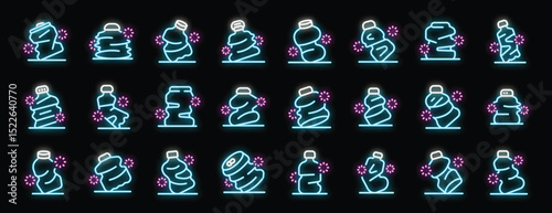 Set of glowing neon icons representing the crushing of plastic bottles for recycling, promoting environmental awareness