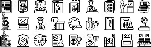 Passport border control icons set. Icons depicting various aspects of border control, airport security, and travel documentation checks