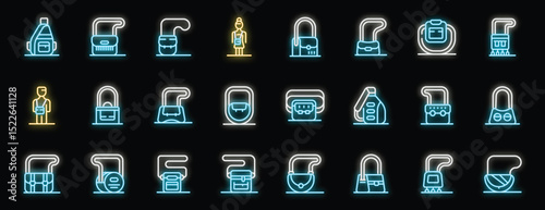 Collection of neon icons showcasing different bag styles on a black background