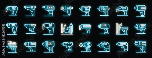 Glue gun icons set, repairing tool using for building, construction and fixing neon style