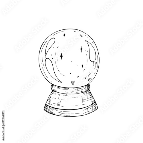 Vector crystal ball to predict the fate. Hand painted linear illustration of Guessing for the future. Graphic monochrome halloween sketch isolated on background. For designers, prints, logo, icon