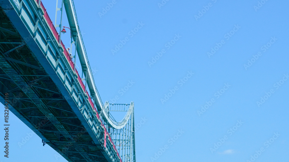 Obraz premium Low angle profile of pedestrian bridge showing minimalist steel frame architecture