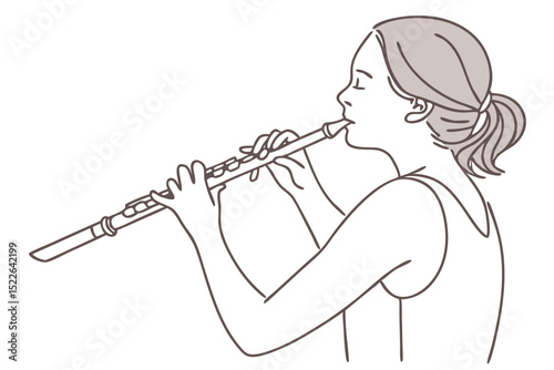 Silhouette of a beautiful woman with a flute in a modern continuous line style. Flute girl, slender. Continuous line drawing, decor aesthetic outline, posters, stickers, logo. Vector illustration..svg