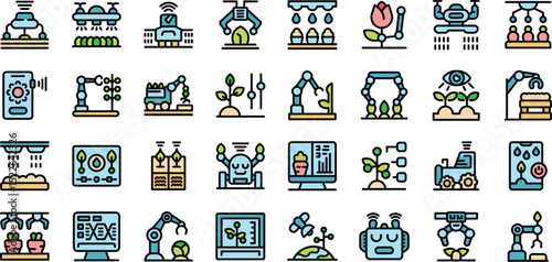 Collection of colorful icons representing smart farming and agricultural technology