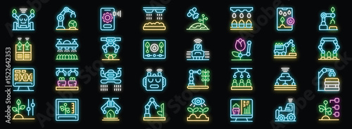 Neon icons representing various aspects of smart agriculture, highlighting automation, robotics, and technological advancements in farming practices