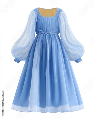 Blue traditional sarafan dress with soft folds and full puffed sleeves, child-size cartoon icon photo