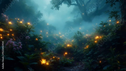 Exploring Mysterious Forest with Glowing Flowers Atmospheric Scene