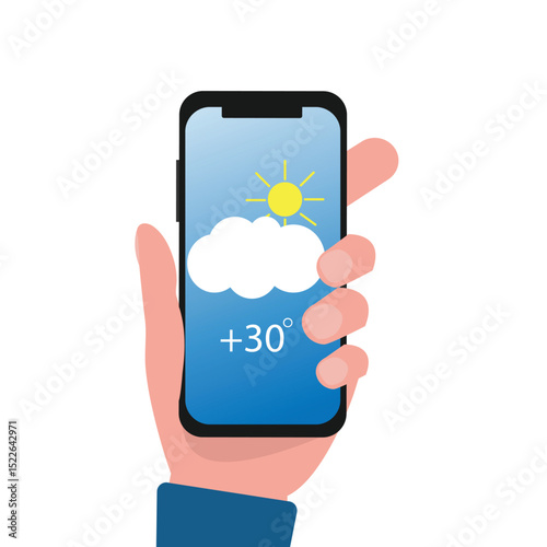 Hand holding smartphone weather forecast on the phone screen with a weather forecast icon vector illustration.