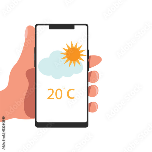 Hand holding smartphone weather forecast on the phone screen with a weather forecast icon vector illustration.