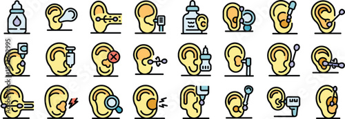 Collection of ear care icons depicting different hygiene practices