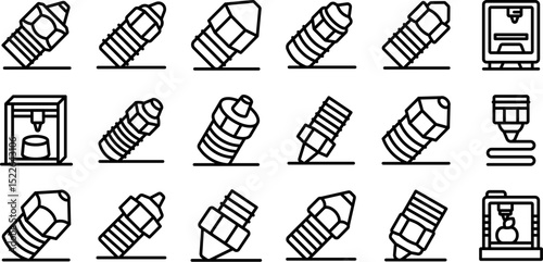 3d printer nozzle icons set. Various 3d printer extruder nozzles and 3d printers creating objects presented as simple black line icons