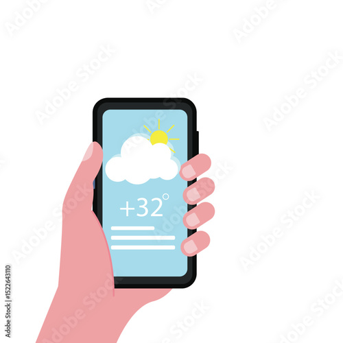 Hand holding smartphone weather forecast on the phone screen with a weather forecast icon vector illustration.