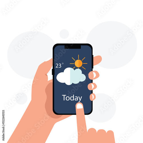 Hand holding smartphone weather forecast on the phone screen with a weather forecast icon vector illustration.