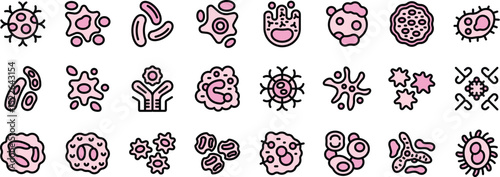 Microbe icons represent various microorganisms, including bacteria, viruses, and germs, highlighting the spread of infections