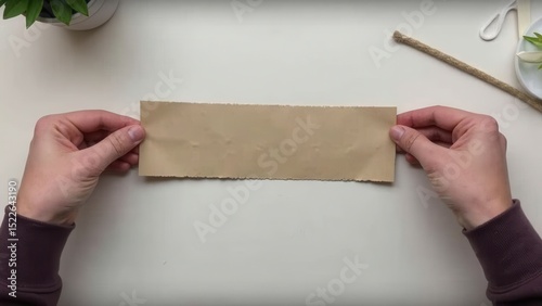 Person is holding a piece of paper and folding it into a long strip. Concept of creativity and resourcefulness