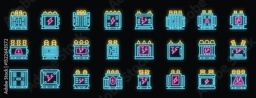 Glowing neon transformer icons represent electrical power distribution equipment, illuminating the concept of energy conversion and supply
