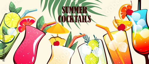 Summer cocktails background. Summer refreshing drinks. Vector illustration