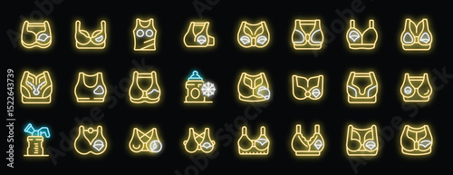 Glowing neon icons representing various types of bras, sports bras, nursing bras, breast pumps, and related accessories, create a vibrant visual on a dark background