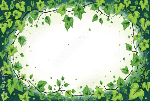 Oval frame of lush green ivy vines with detailed leaves, creating a natural, elegant border around white center space.

