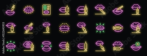 Neon icons representing lip augmentation procedures, hyaluronic acid injections, and permanent makeup techniques