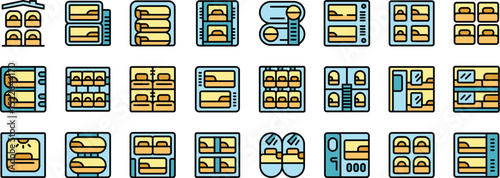 Capsule hotel icons set. Outline set of capsule hotel vector icons thin line color flat on white
