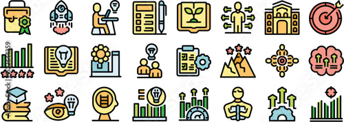 Collection of icons representing personal and professional growth, career development, business success, education and skill improvement