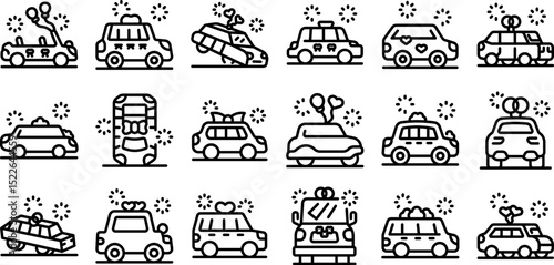 Wedding limousine icons set. Wedding cars are decorated with festive elements, creating a joyous atmosphere for the newlyweds special day