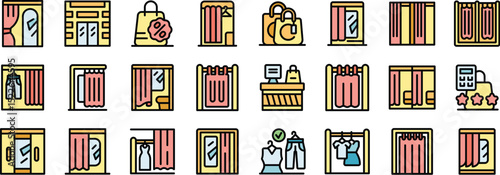 Colorful fitting room icons represent the process of trying on clothes in a retail store, showcasing mirrors, curtains, and fashion items