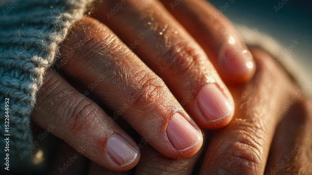 Fototapeta premium Detailed close-up of rugged, weathered hands pressing down on textured fabric under warm sunlight