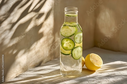 tall glass bottle with citrus and cucumber infused water at minimal spa-style setup 