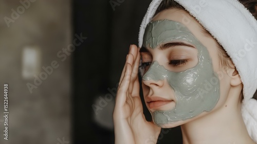close-up of young woman applying clay face mask, wellness skincare routine in soft bathroom light. 