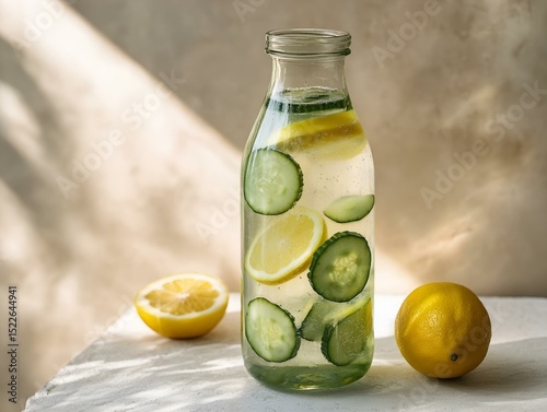 tall glass bottle with citrus and cucumber infused water at minimal spa-style setup 
