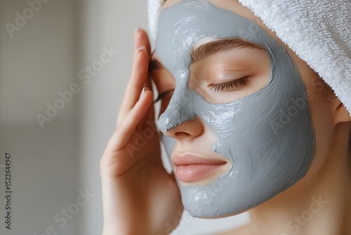 close-up of young woman applying clay face mask, wellness skincare routine in soft bathroom light. 
