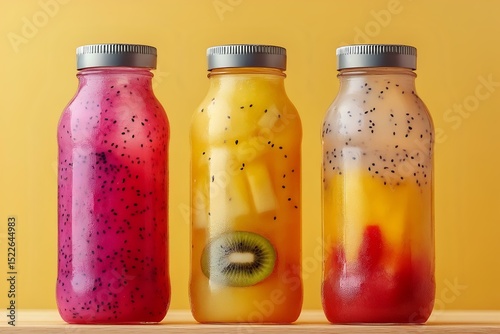 trio of glass bottles with colorful tropical smoothies – mango, dragon fruit, and kiwi on light wood with minimalist yellow background